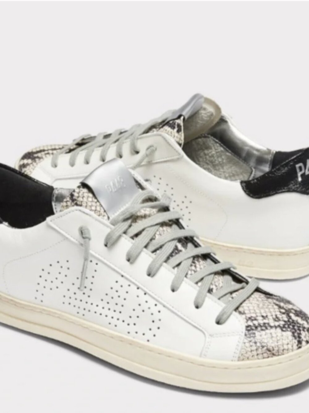 P448 White Leather Sneakers with Black Laces and Snake-Print Heel - Size 39